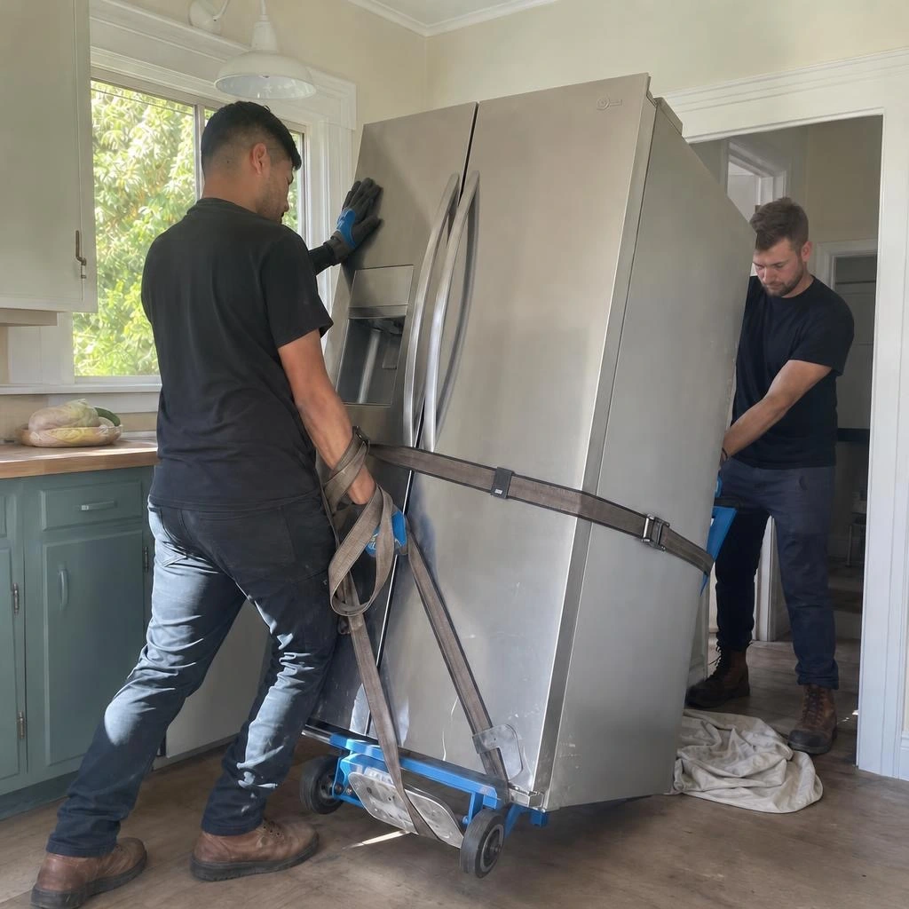 Junk removal crew strapping a stainless steel refrigerator to a dolly in an Oakland kitchen
