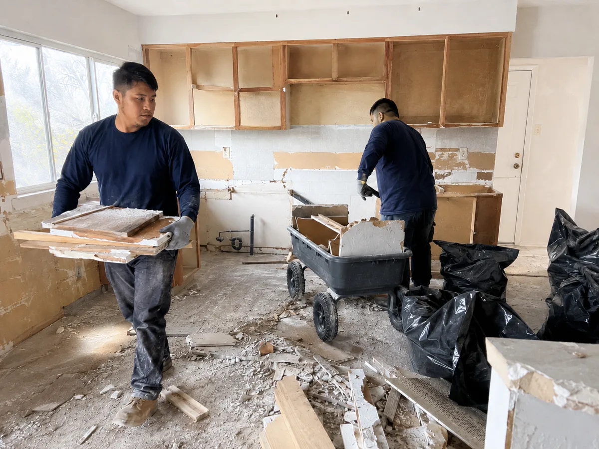 Kitchen demolition debris — old cabinets and countertops — removed in Oakland