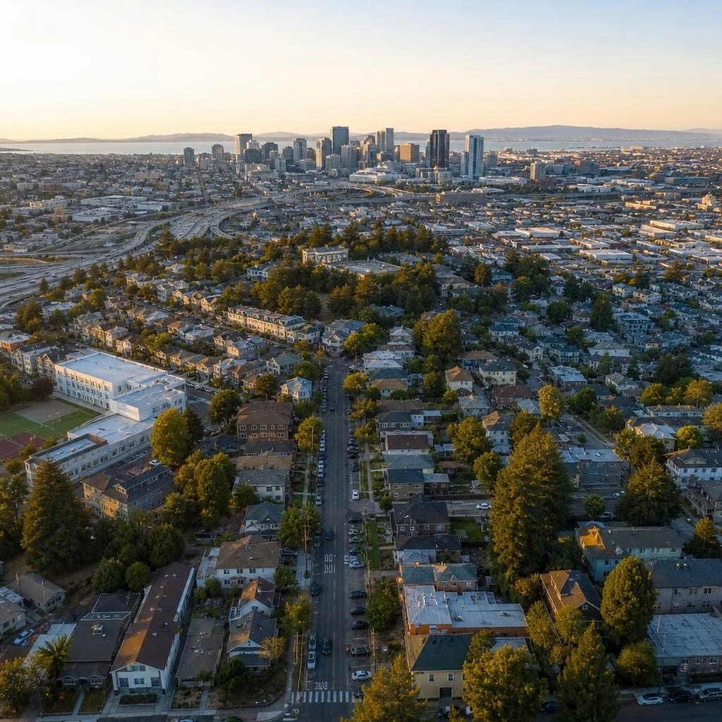 Aerial view of Oakland, CA neighborhoods with downtown skyline at sunset