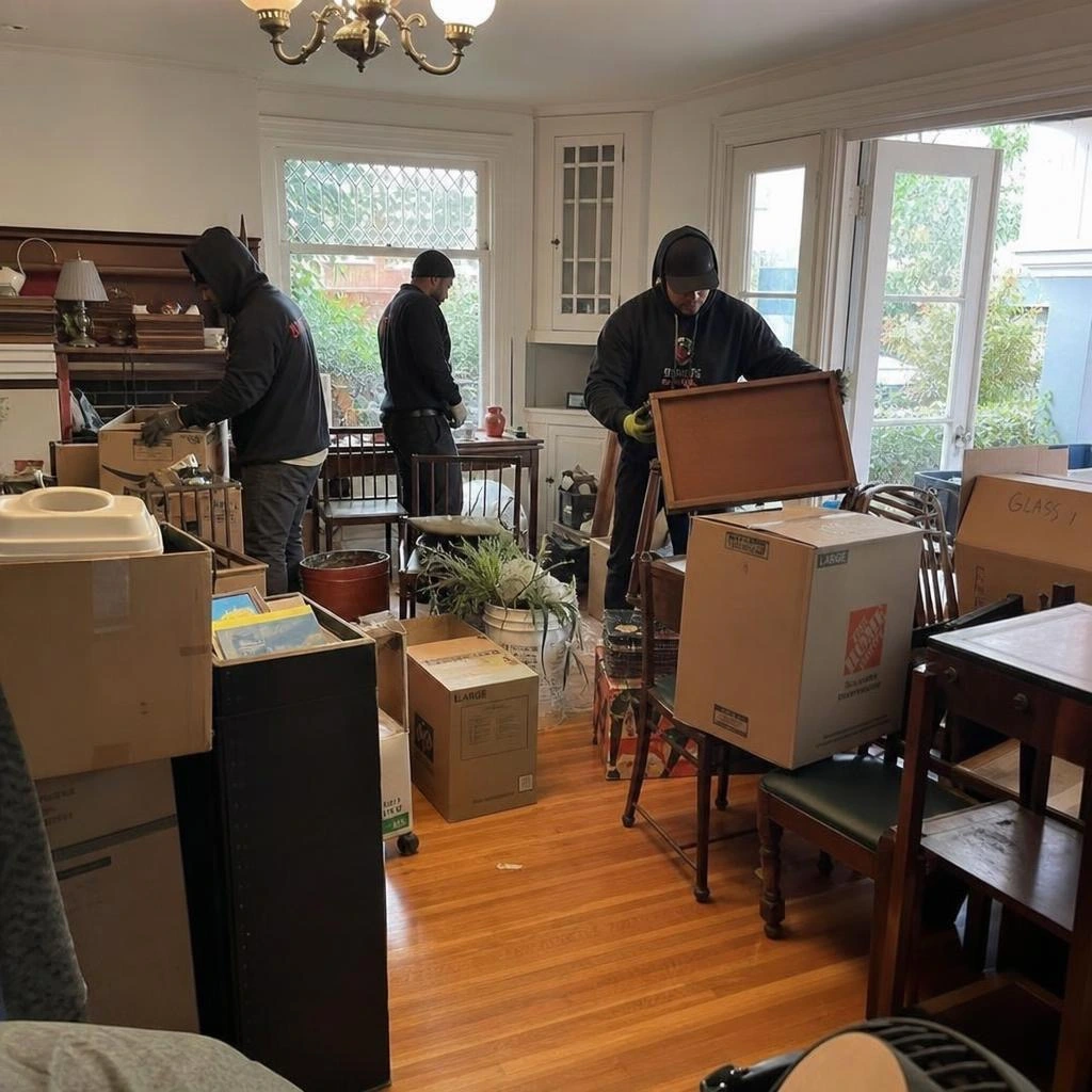 Three-man crew clearing furniture and boxes during an Oakland estate cleanout