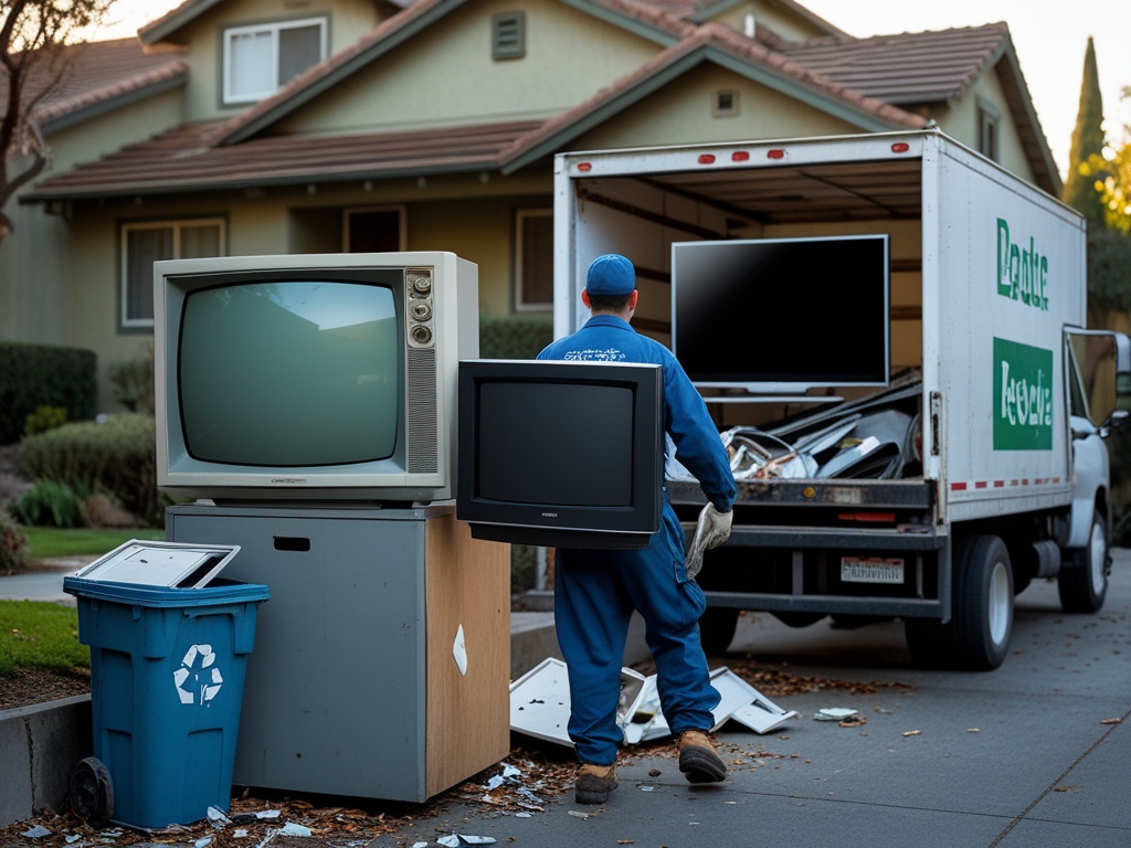 Junk removal crew loading an old tube TV and a flat screen into a recycling truck in Oakland